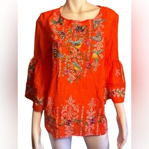 John Mark Embroidered Orange Women's Top size M floral boho nature